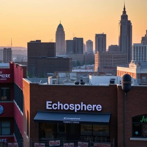 Exterior view of EchoSphere Recording Studios showing the entrance and surrounding Nashville cityscape