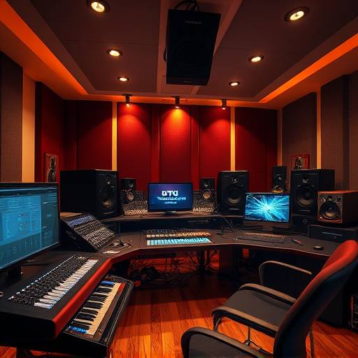 Interior of the recording studio showing the mixing console and monitoring system