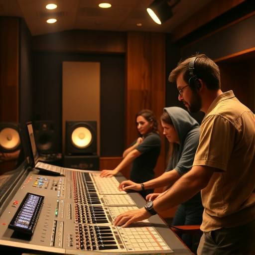 Studio team members collaborating on a mixing project